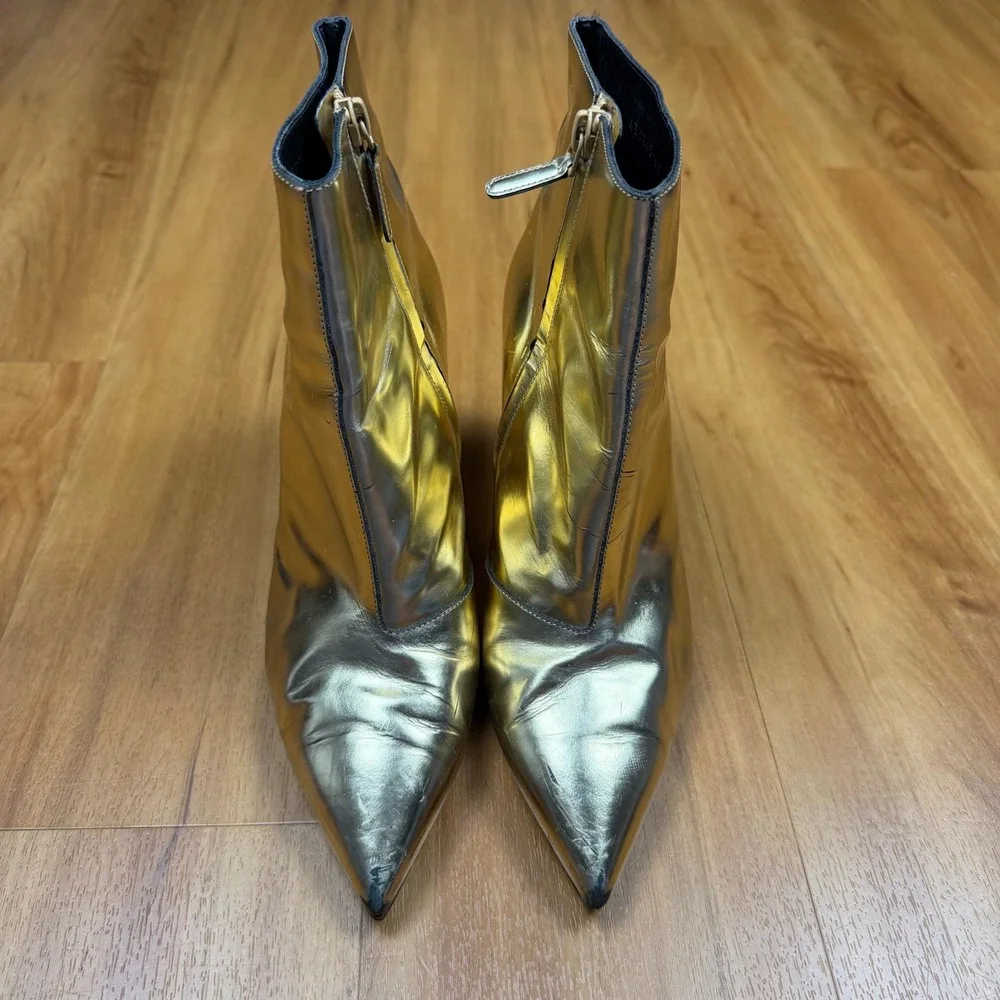 Balenciaga Paris Metallic Gold Leather Pointed ToeStiletto Ankle Boots 433245 40